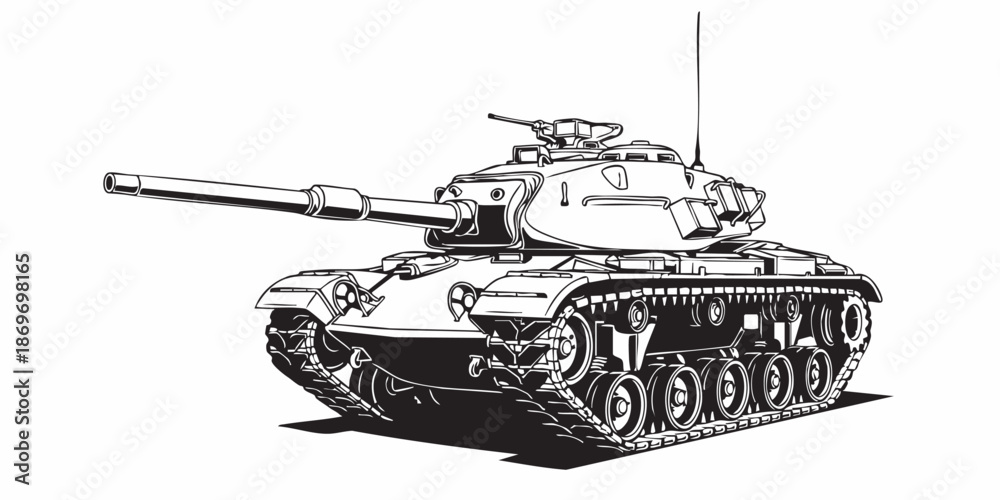Ταπετσαρία Realistic armored tank outline drawing, military tracked vehicle line art, black