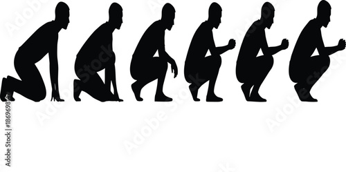 Black silhouette vector illustration of a man transitioning from a kneeling position to a crouched stance for sports or fitness.