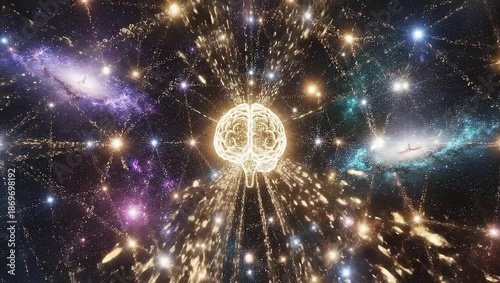 Brain in space with glowing connections and galaxies, representing artificial intelligence and cosmic thought.
