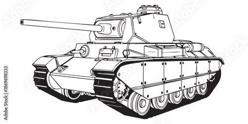 Realistic armored tank outline drawing, military tracked vehicle line art, black and white technical illustration