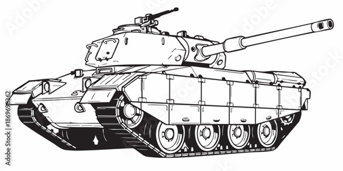 Realistic armored tank outline drawing, military tracked vehicle line art, black and white technical illustration