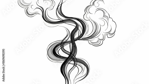 Abstract Swirling Black Smoke Wisps on White Background.