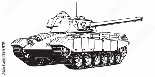 Realistic armored tank outline drawing, military tracked vehicle line art, black and white technical illustration