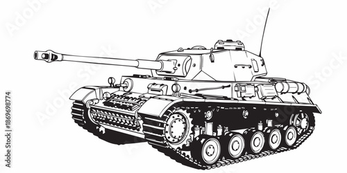 Modern battle tank vector illustration, armored military vehicle line art, monochrome, Realistic armored tank outline drawing, military tracked vehicle line art, black and white technical illustration