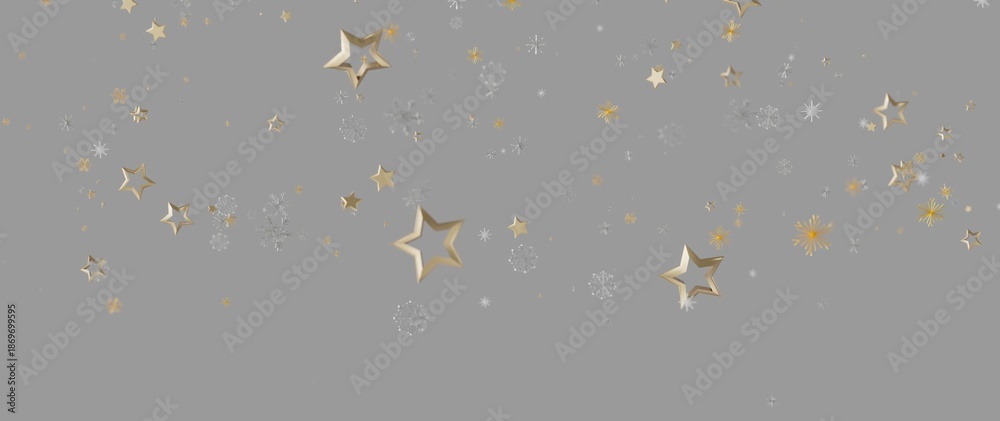 Fototapeta premium Elegant gold stars and snowflakes floating on a gray backdrop, perfect for winter and holiday design