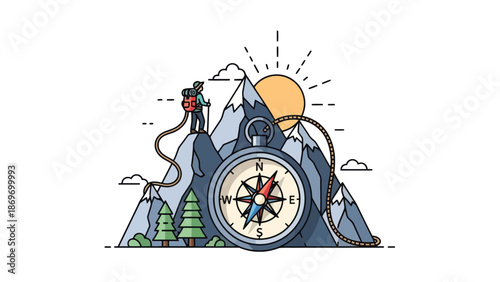 Mountain Adventure: Hiker, Compass, and Nature Illustration
