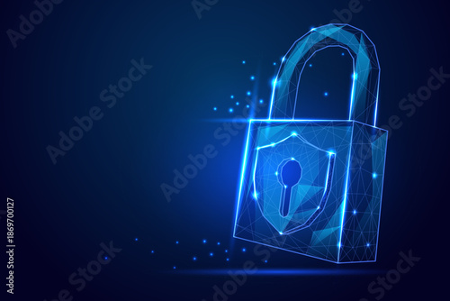 Futuristic Polygonal wireframe padlock with glowing blue shield and keyhole, symbolizing cybersecurity and data protection. vector illustration.