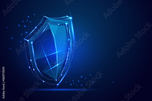 Digital glowing blue shield with polygonal mesh and particles, symbolizing cybersecurity and data protection. vector illustration.