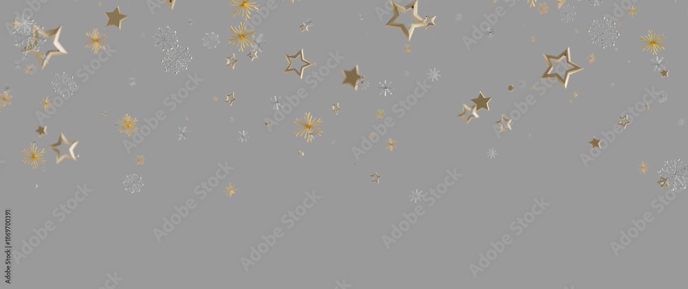 Obraz premium Festive image of gold stars and snowflakes falling on a gray backdrop, ideal for Christmas or winter