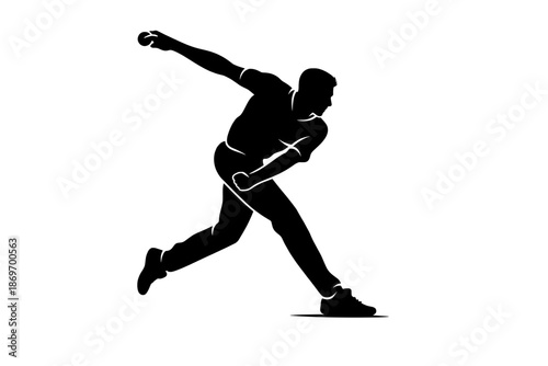Silhouette of a cricket bowler throwing the ball, isolated on white background. Dynamic sports illustration representing bowling action, speed, strength, and competitive cricket.