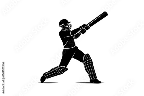 Silhouette of a cricket batsman hitting the ball with raised bat, isolated on white background. Dynamic sports illustration representing power, precision, competition, and professional cricket action.