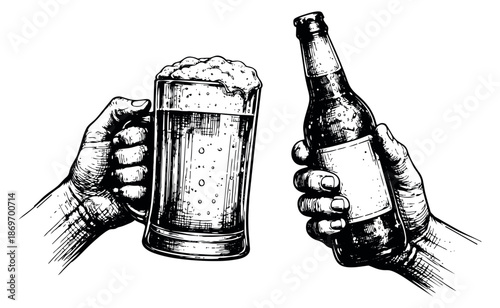 Hand drawn line art beer celebration set featuring hands holding a mug and a bottle for pub and party events