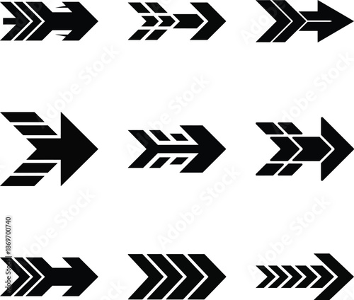 9 Black stylized arrow icons vector. Modern geometric arrow head icon Set. Minimalist black vector navigation symbols. unique striped, notched, speed-line isolated on white background.