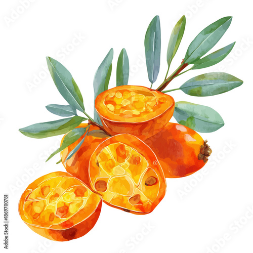 Sea Buckthorn Slices, watercolor painting, vector illustration, isolated on a white background.