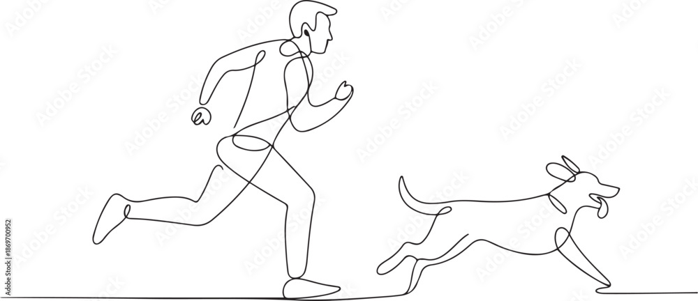Fototapeta premium Man running with dog continuous line drawing vector illustration.one line vector illustration with out background