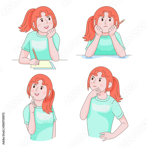 Cartoon-style girl in various thoughtful and study-related poses-daydreaming, puzzled, pondering, and focused. Great for education, learning, and emotional design.