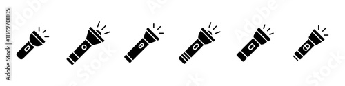 Flashlight solid icon set. Black flash light lantern icons collection. Portable electric torch lamp glyph symbols.