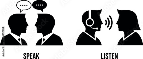 Professional Business Communication Vector Illustration Featuring Male and Female Silhouettes Engaging in Active Speaking and Listening for Customer Service Support
