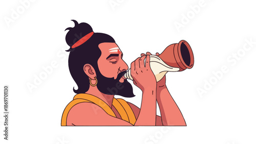 Hindu priest blowing conch shell illustration