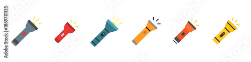 Flashlight color icon set. Multicolored flash light lantern illustration collection. Portable electric torch lamp colorful symbols.