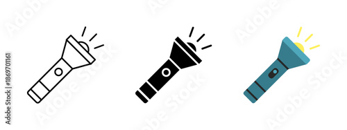 Flashlight icon. Handheld electric torch symbol. Portable lighting device illustration for search, night work, emergency or power outage concepts.