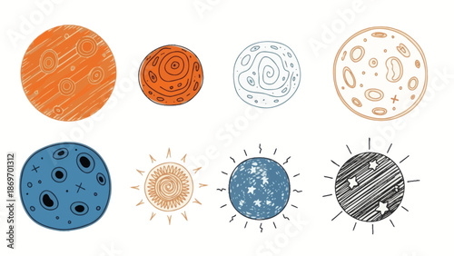 Hand-drawn planets and celestial bodies set