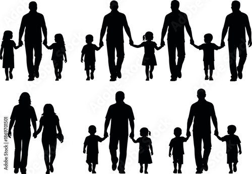 Set of Silhouettes Representing Single Fathers and Parents Walking Outdoors With Children and Kids in Various Family Composition Groups