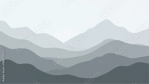 A serene mountain range viewed from a distance with layered hills in shades of gray