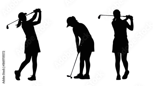 Golf swing silhouette set. Female golfer in action.