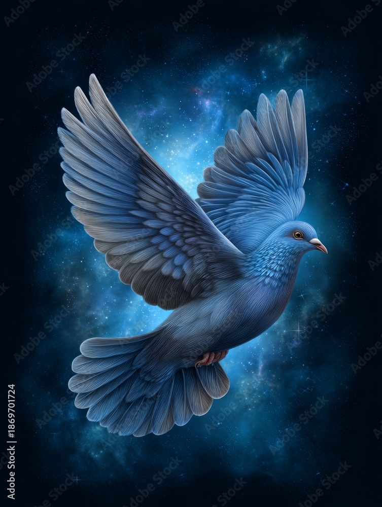 Fototapeta premium Majestic dove flying with glowing wings illustration, symbol of peace, hope and spiritual freedom on dark cosmic background 