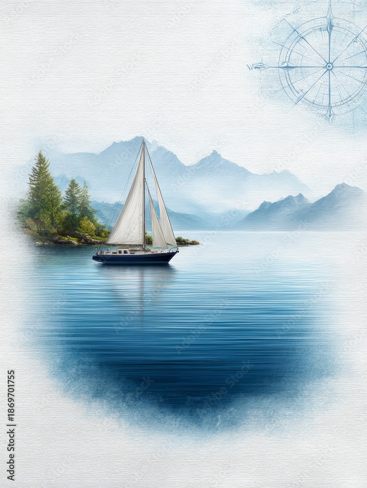 Fototapeta premium Sailboat on calm lake with misty mountains illustration, serene travel and freedom concept for lifestyle, wellness and adventure design 