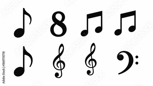Musical notes and symbols arranged in a decorative pattern on a white background