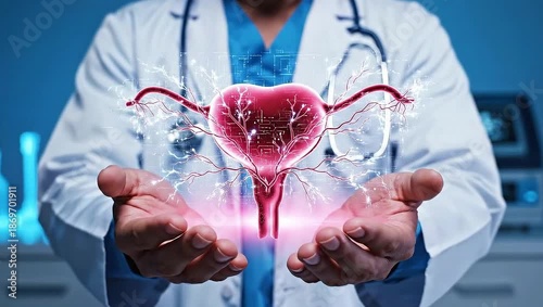Doctor holding glowing uterus, symbolizing womens health and reproductive care.