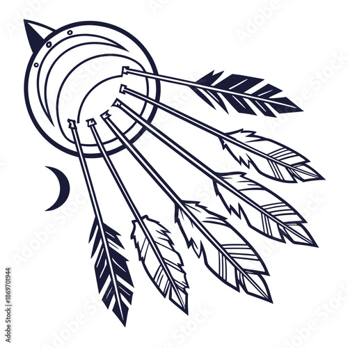 Cluster of arrows emerging from a glowing sphere feathers