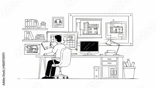 Architect working on blueprints at his desk with computer and plans.