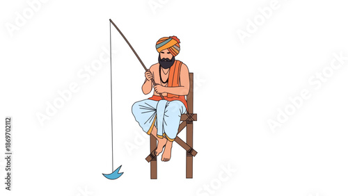 Fisherman cartoon illustration with fishing rod