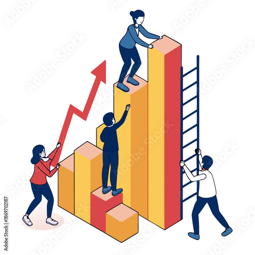 Group of mini figures climbing 3d graph with bar chart and red arrow on white background