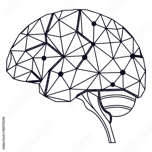 Brain shaped network of geometric lines and points on white background