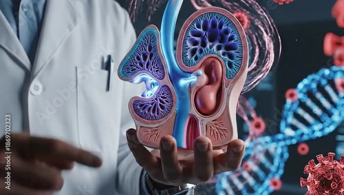 Doctor Holding Human Ear Anatomy Model with DNA and Virus Cells.