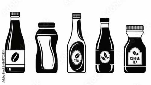 Collection of five different beverage bottles and jars in black and white illustration.