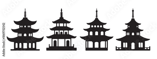 Four mosque domes with crescent moon symbols and arched entrance line art icons vector set