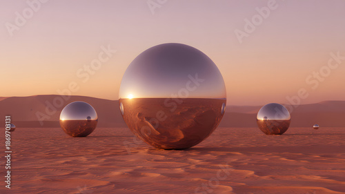 Large chrome ovoid on barren orange planet surface background 3d render