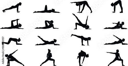 Yoga and fitness pose silhouettes, exercise icon grid, flexibility and strength vector set, posture reference illustration, wellness clipart collection