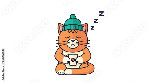 Cozy Cat Nap: Cute Feline with Coffee