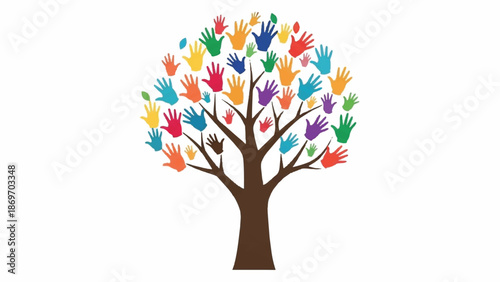 Diverse community represented by colorful hands forming a vibrant tree symbolizing unity and togetherness