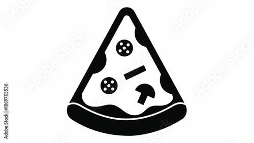 A black and white illustration of a slice of pizza on a plate viewed from the side