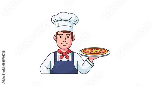 Chef with pizza, cartoon style vector illustration