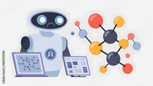 Robot with laptops and molecular structure computer chemistry desi