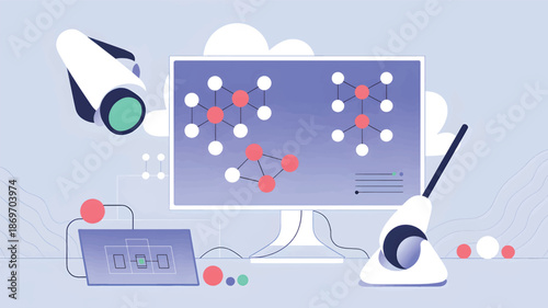 Computer monitor displaying molecular structures with keyboard and mouse