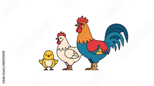 Cartoon chicken family: rooster, hen and chick